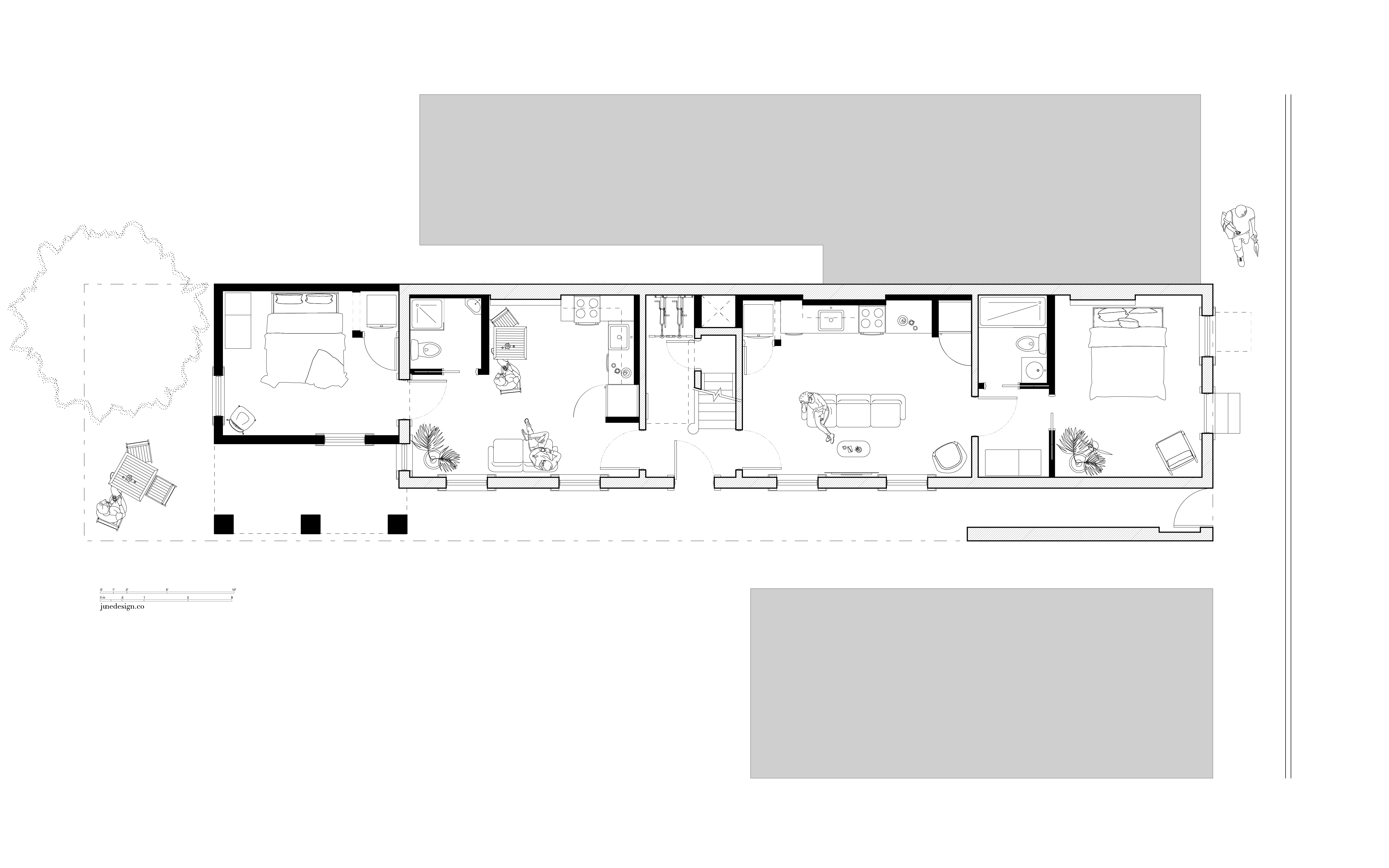 Floor plan for 1623 Pleasant Street showing the full ground-level arrangement, outdoor spaces, furnishings, and circulation