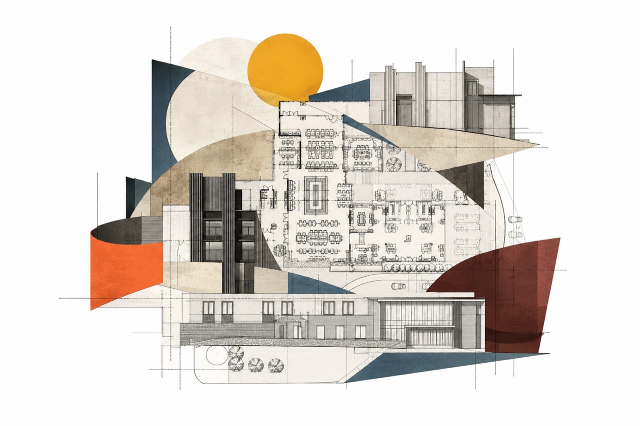 Architectural collage combining the Pleasant Street floor plan, elevations, and building fragments