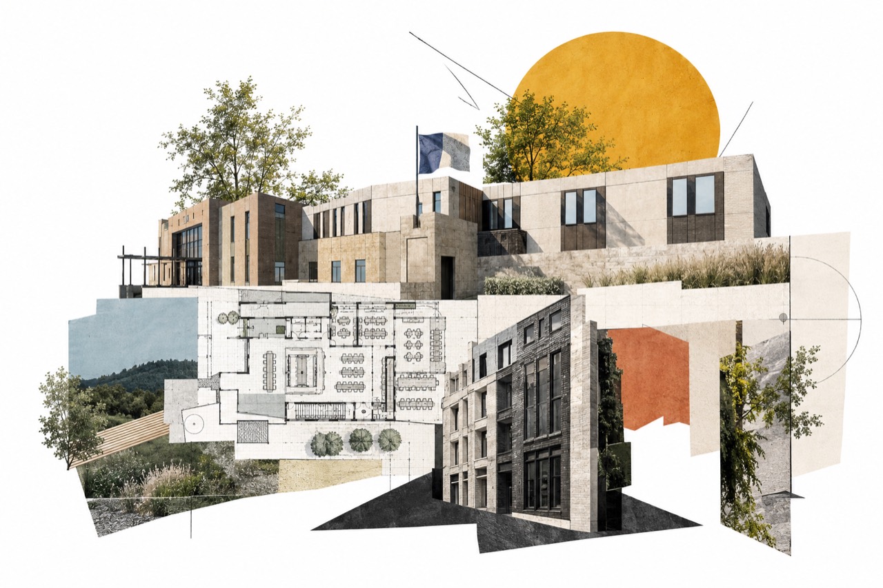 Architectural collage combining masonry buildings, landscape, plan drawings, and a golden sun